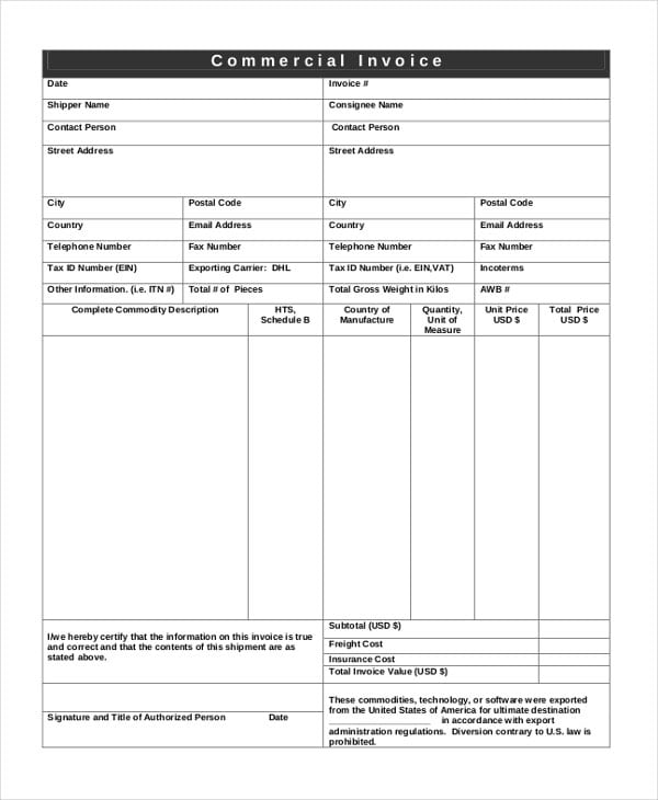 Bulletproof Commercial Invoice
