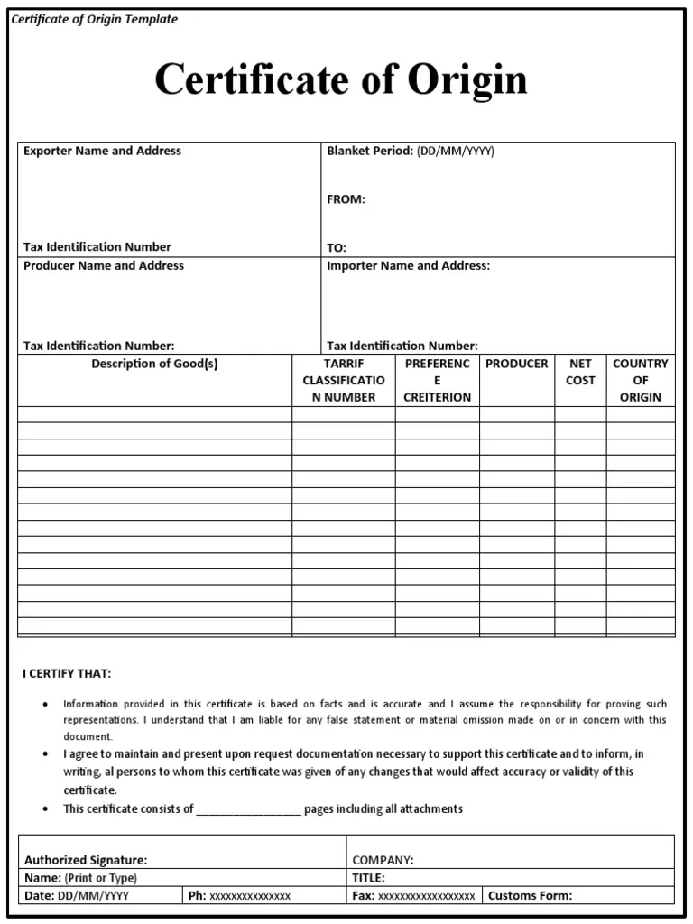 Certificate Of Origin Templates