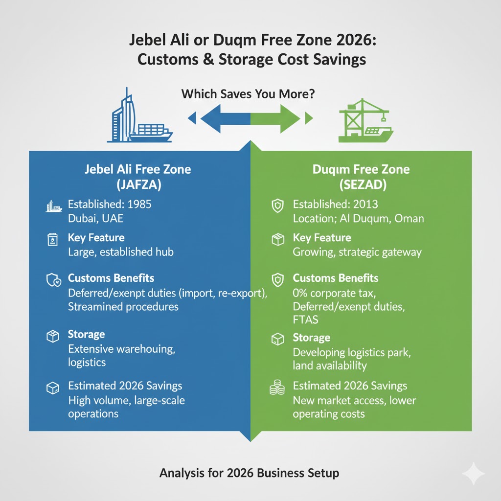 Jebel Ali or Duqm Free Zone 2026 Customs and Storage Costs Saving
